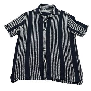 Zara Knit Button Up Shirt Men's Large Camp Collar Short Sleeve Navy Blue Striped